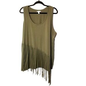 Boutique Brand Olive Green Tank Top Stretch Asymmetrical Tassels 2X Hippie